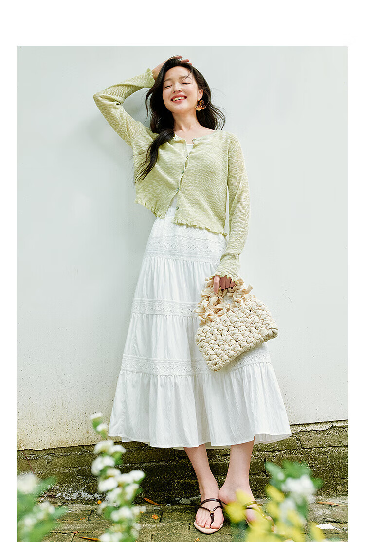 Inman Lotus Leaf V-Neck Lightweight Knit Cardigan Slim Fit Long Sleeve Top Vacation Style 15